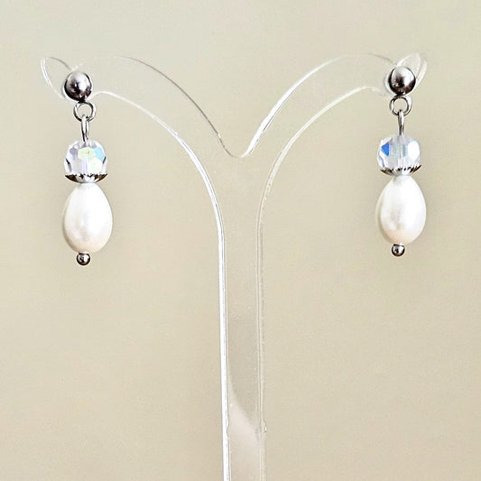 Polished Stainless Steel Pearl & Crystal Stud Earrings