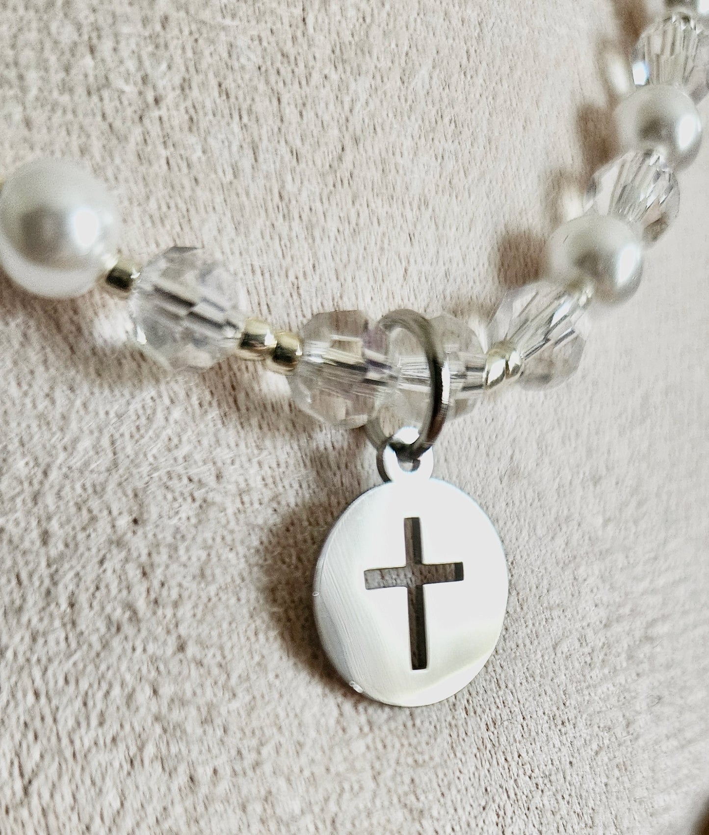 Pearl & Crystal Necklace With Stainless Steel Cross Pendant