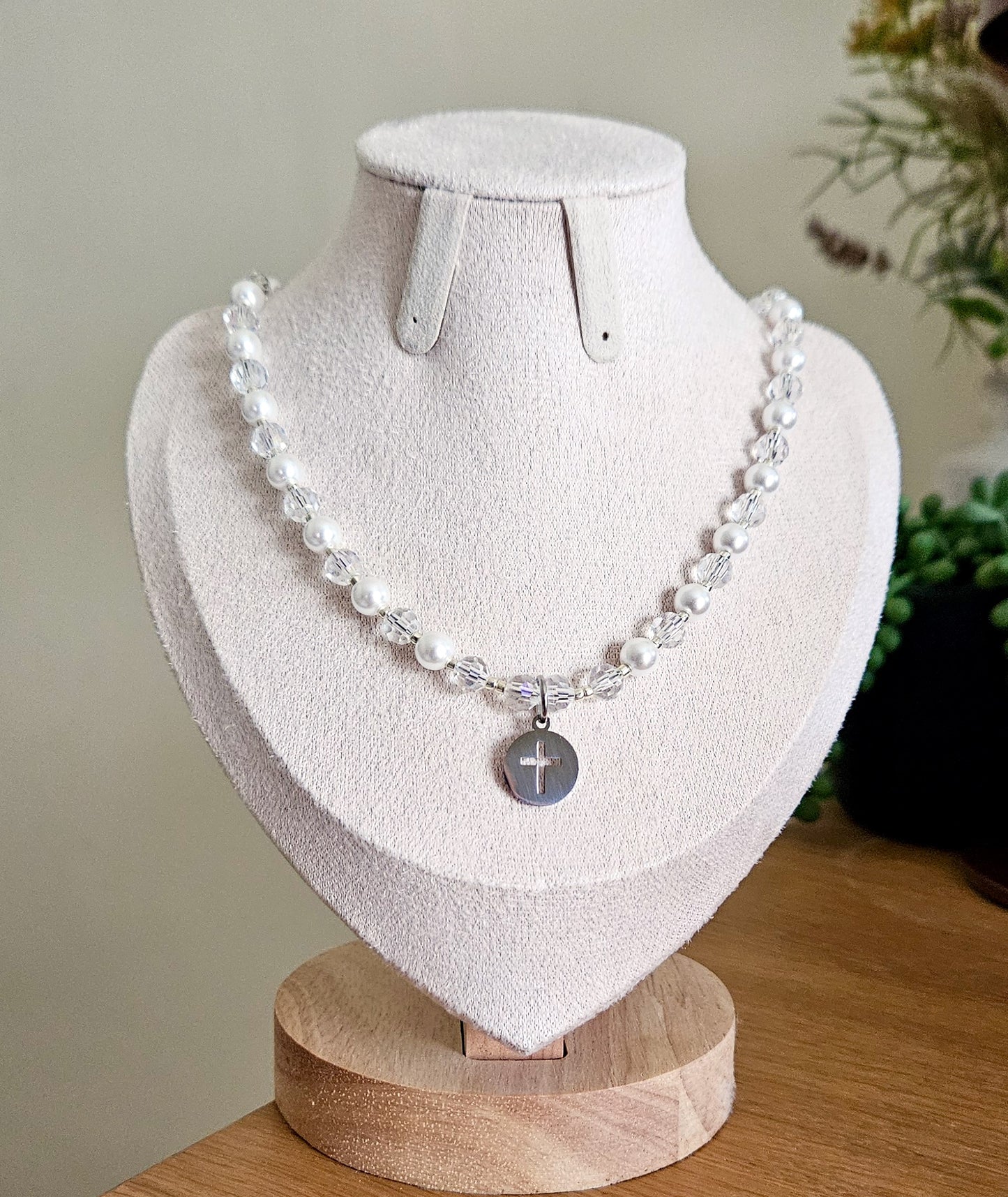 Pearl & Crystal Necklace With Stainless Steel Cross Pendant