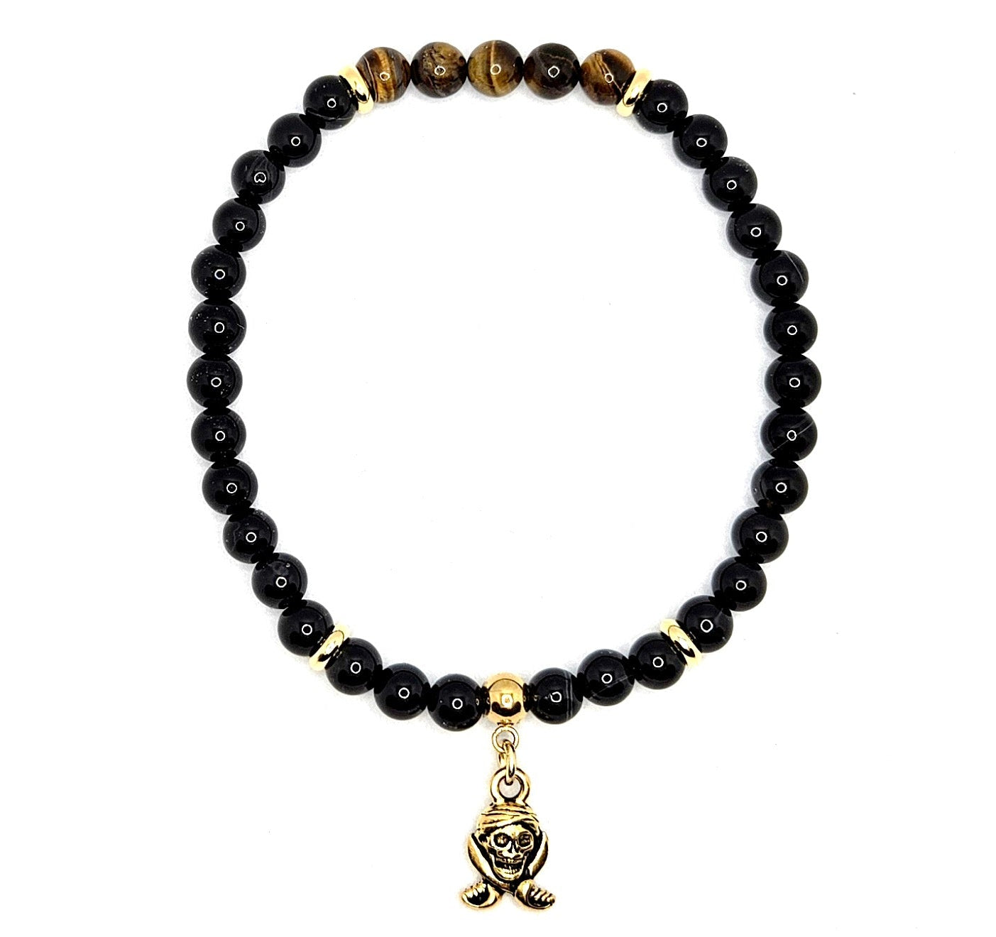 Black Onyx & Tiger's Eye Skull and Crossbones Charm Bracelet