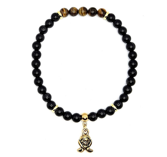 Black Onyx & Tiger's Eye Skull and Crossbones Charm Bracelet