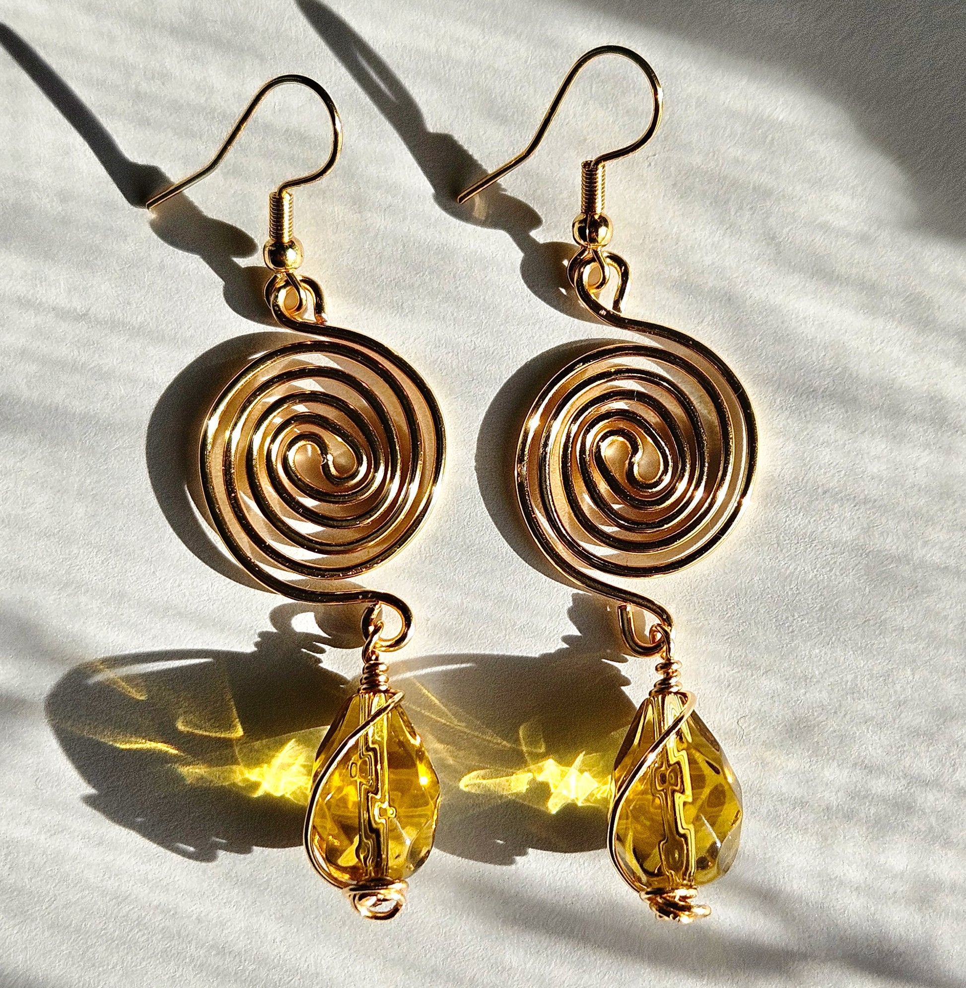 Rays of Gold Earrings - hand-formed gold wire spiral with wire-wrapped citrine drop bead, gold plated stainless steel