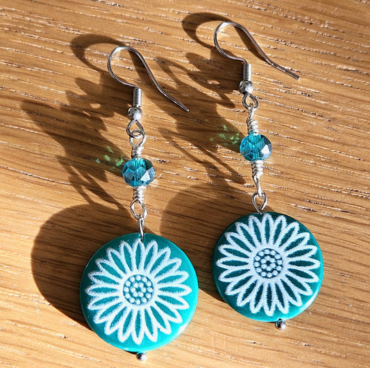 Floral Shell Earrings in teal - handmade by Golden Garnet