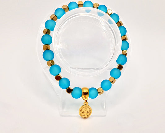 Miraculous Medal Teal and Gold Bracelet